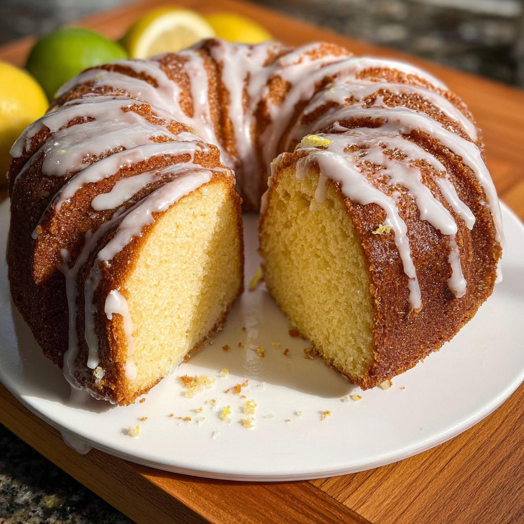 A slice of 7UP cake with a drizzle of icing, surrounded by lemons and limes.