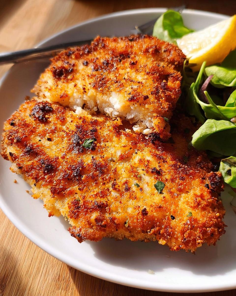 Close-up of two golden-brown, crispy air fryer chicken breasts served with a side salad and lemon wedge.