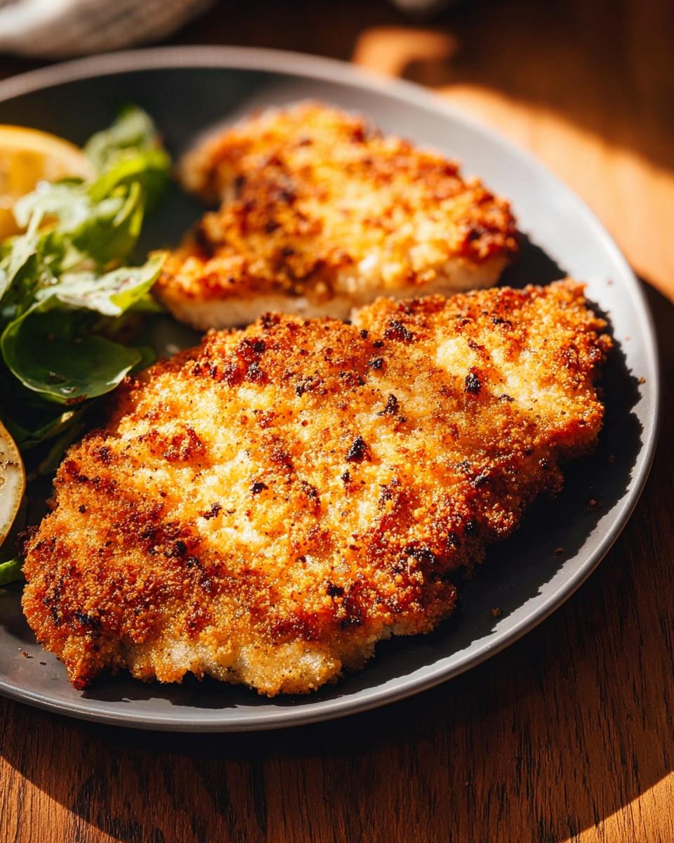 Two golden-brown air fryer chicken breasts with a crispy breadcrumb coating, served with a side salad and lemon wedges.