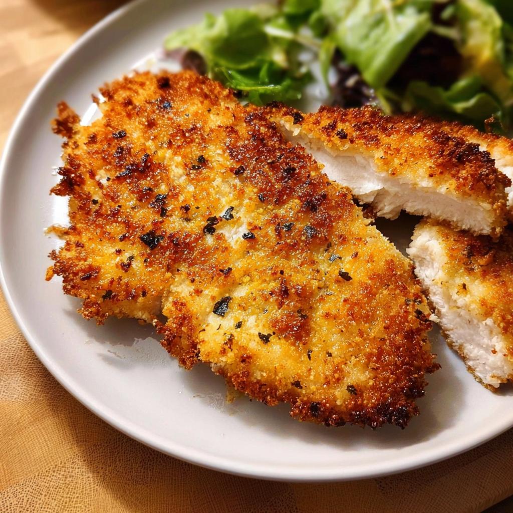 A close-up of a perfectly golden and crispy air fryer chicken breast, sliced to show juicy interior, served with a side of salad.