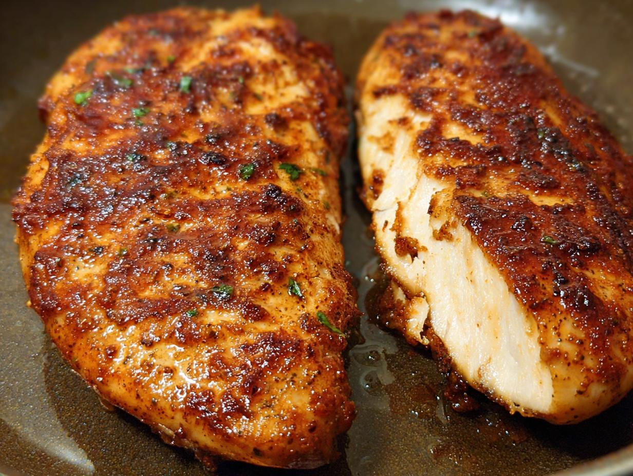 Close-up of two perfectly cooked air fryer chicken breasts, one sliced to show juicy interior.