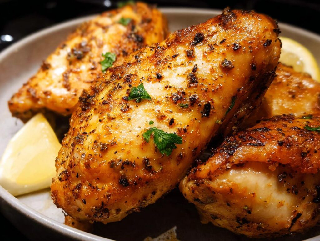Close-up of seasoned air fryer chicken breasts served with lemon wedges and parsley.