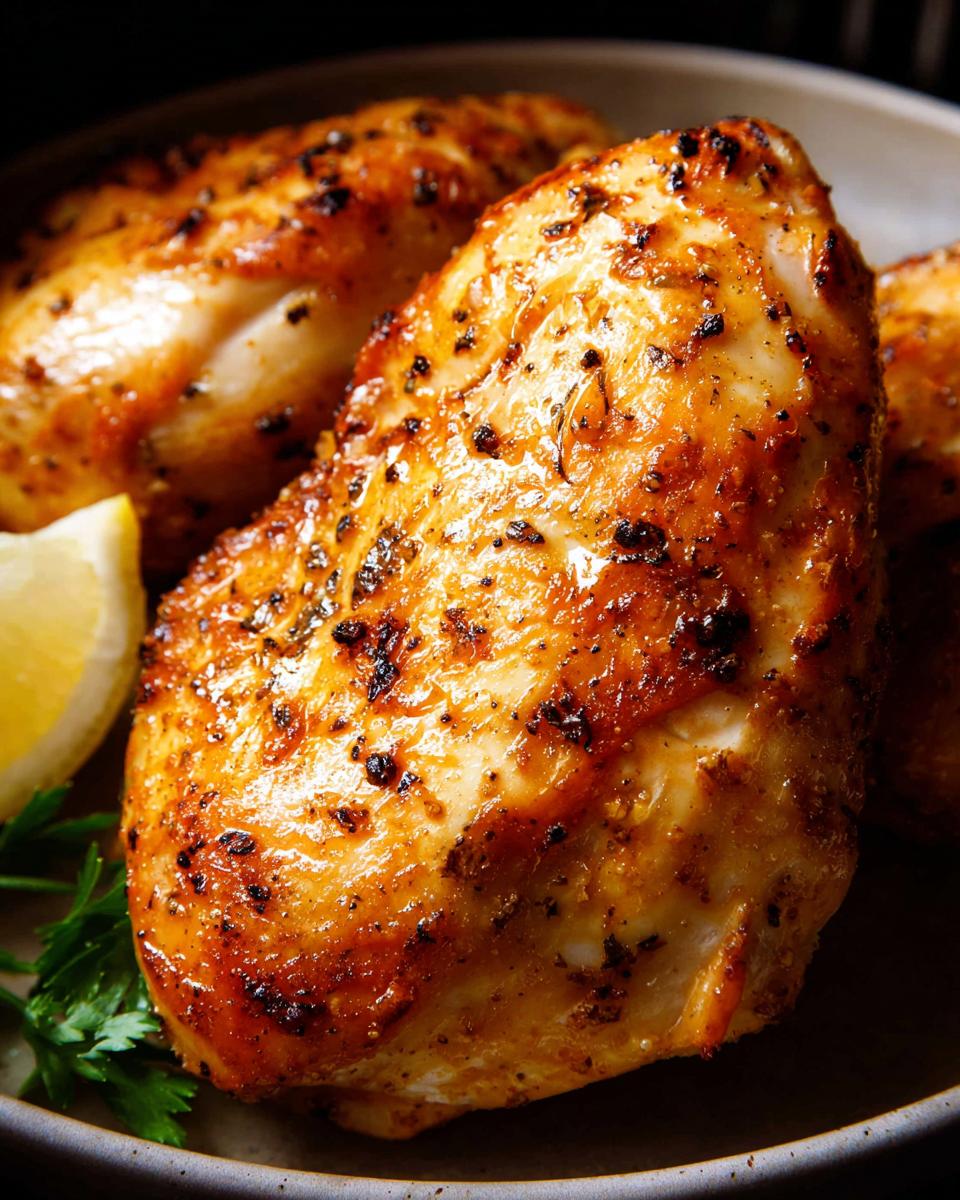 Close-up of perfectly cooked air fryer chicken breast, seasoned and golden brown, with a lemon wedge and parsley garnish.