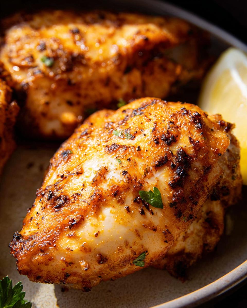 Close-up of a perfectly cooked air fryer chicken breast, seasoned and garnished with parsley and a lemon wedge.