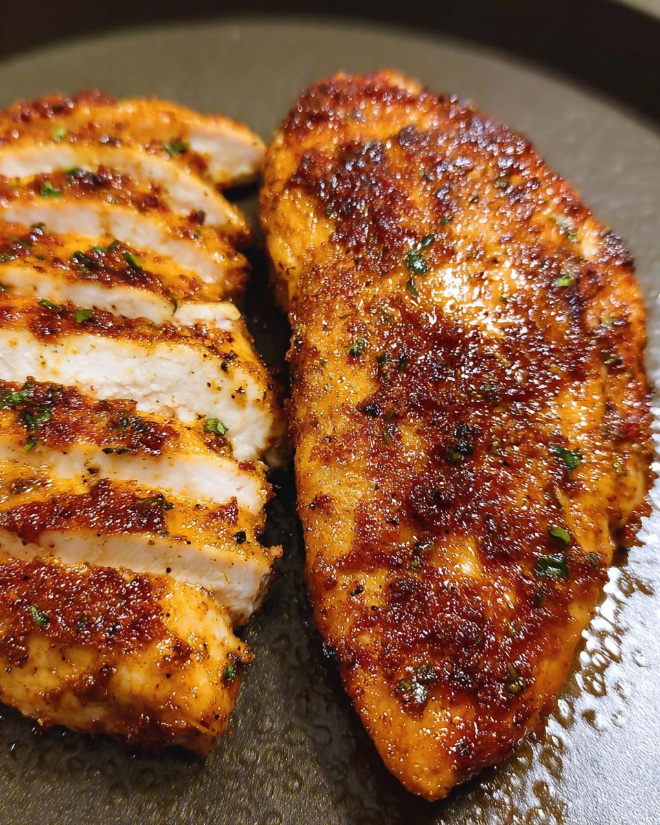 Close-up of a perfectly cooked air fryer chicken breast, sliced to reveal juicy white meat and seasoned crust.