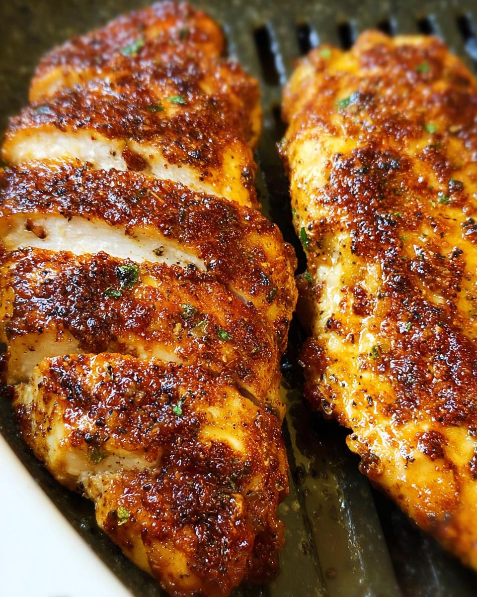 Close-up of perfectly cooked air fryer chicken breast, sliced and seasoned with herbs.