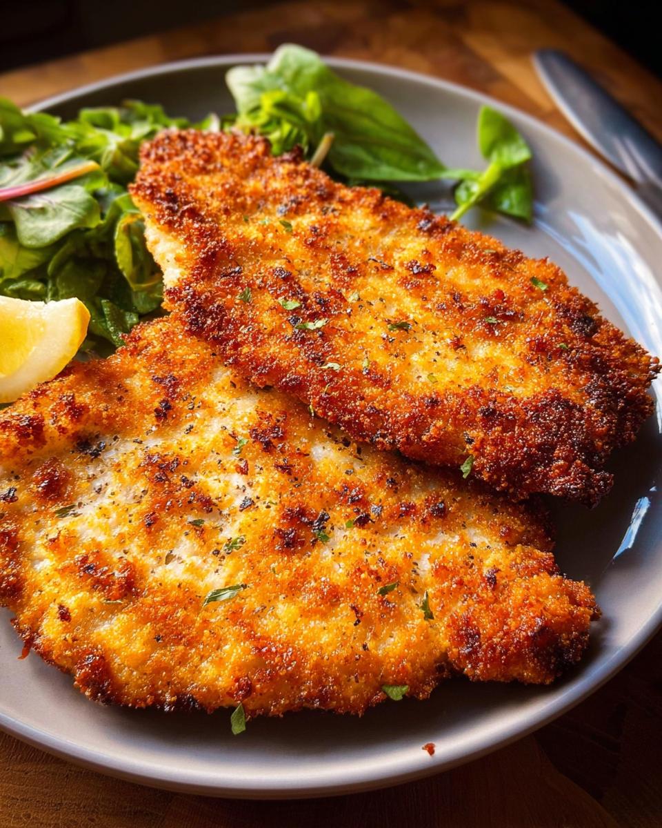 Two golden-brown, crispy air fryer chicken breasts served with a side of fresh greens and a lemon wedge.