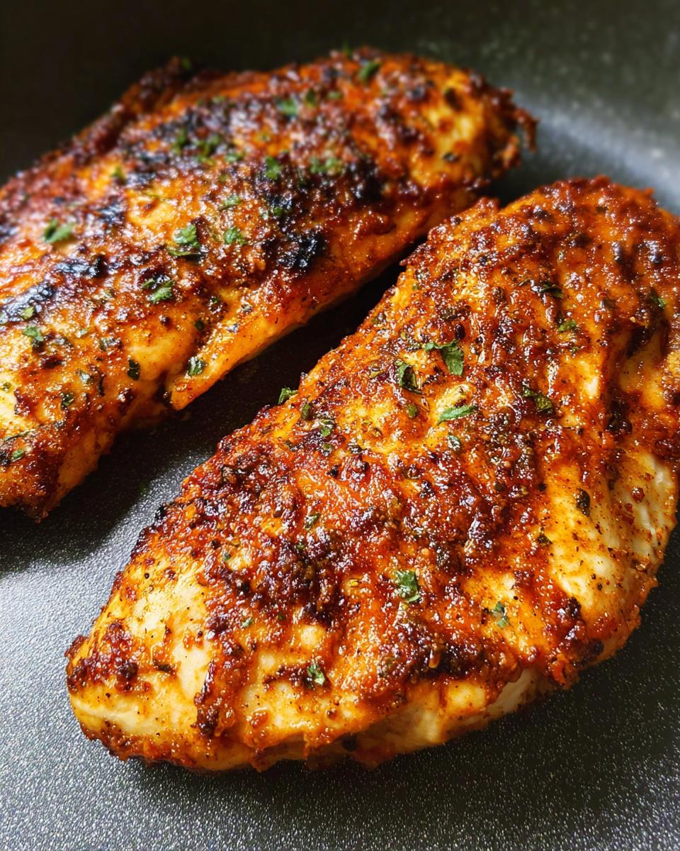Close-up of two juicy air fryer chicken breasts seasoned with spices and herbs.