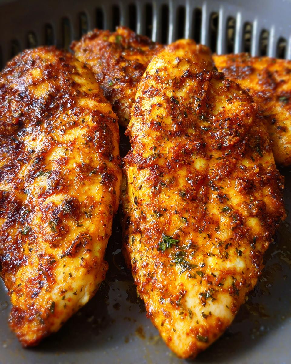 Close-up of seasoned air fryer chicken breasts, cooked to perfection with a golden-brown crust and visible spices.