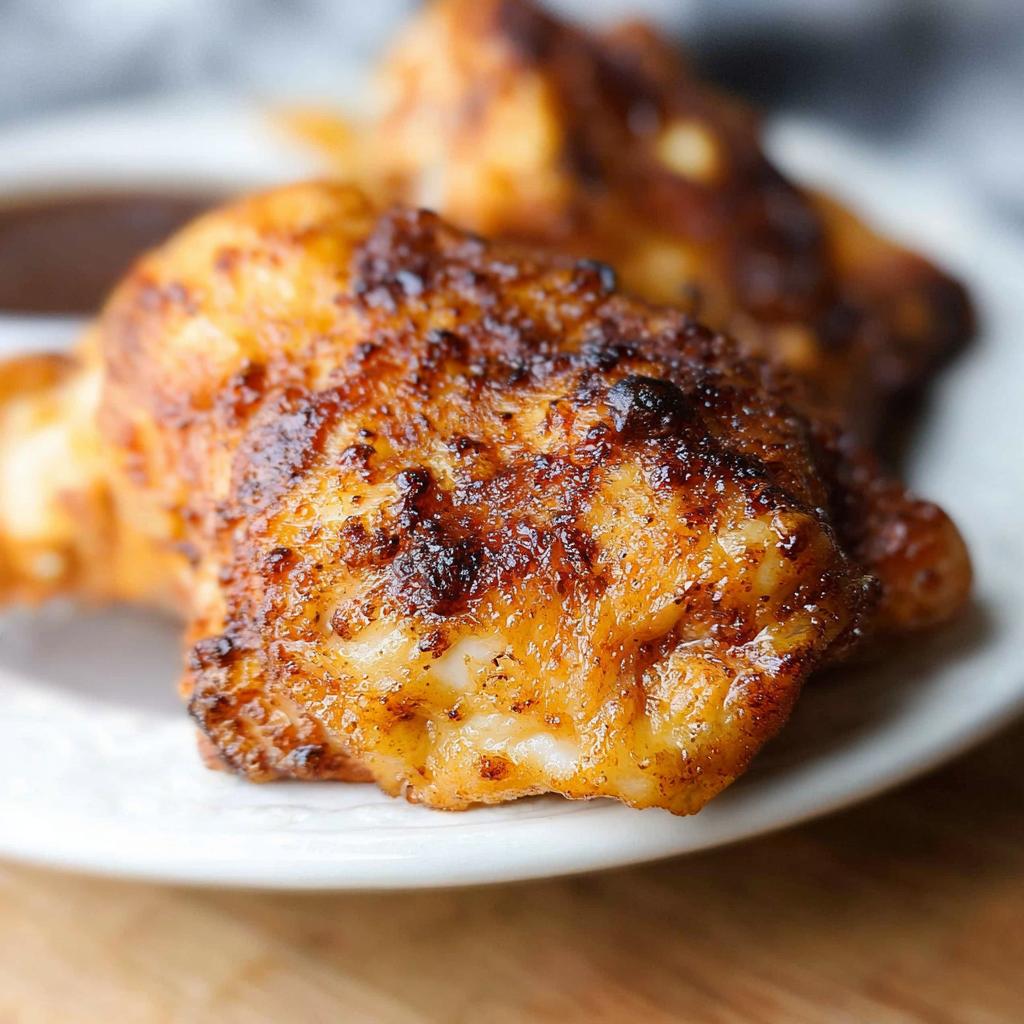 Close-up of perfectly cooked, crispy air fryer chicken pieces on a white plate with a side of dipping sauce.