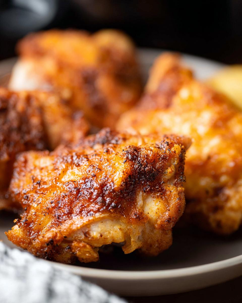 Close-up of golden-brown, crispy chicken pieces cooked in an air fryer, perfect for fast air fryer chicken recipes.