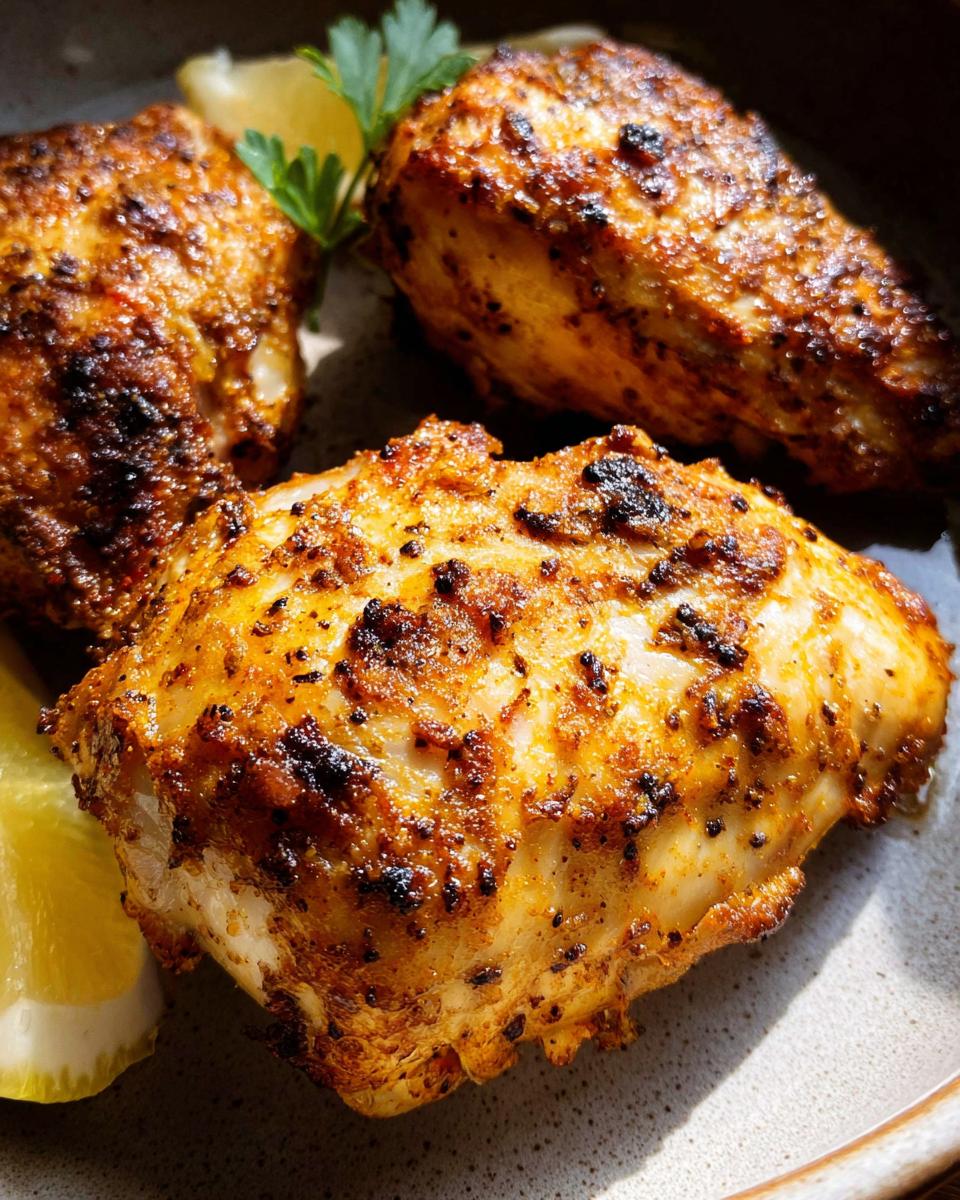 Three perfectly cooked air fryer chicken pieces seasoned with spices, served with lemon wedges and parsley.
