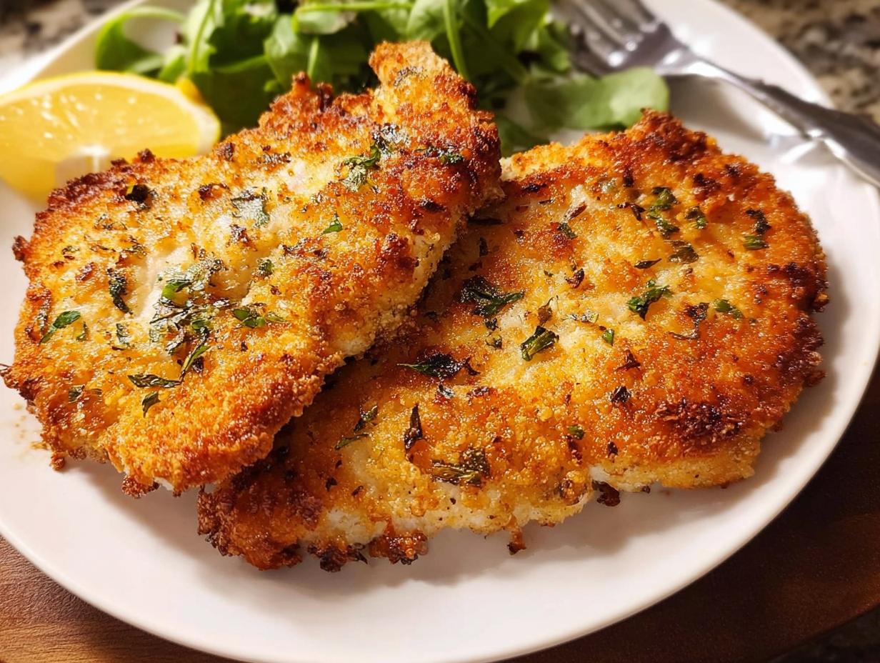 Close-up of two golden-brown, crispy air fryer chicken breasts seasoned with herbs, served with a lemon wedge and salad.