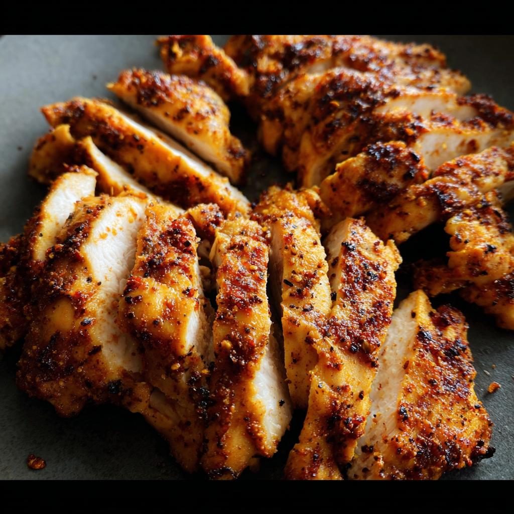 Close-up of sliced air fryer chicken breast, seasoned and cooked to perfection.