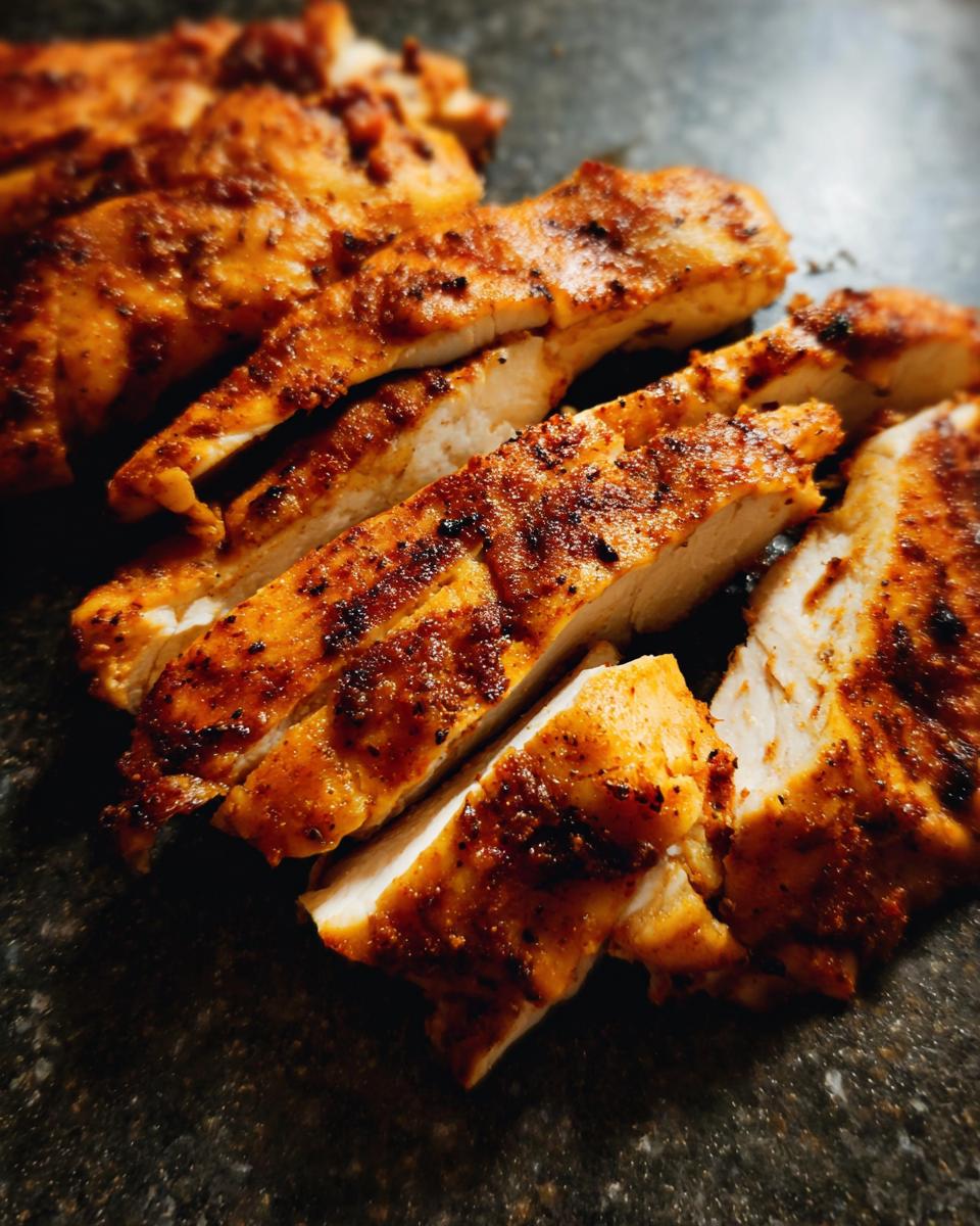 Close-up of sliced, seasoned air fryer chicken recipes, showing tender white meat and a crispy, spiced exterior.