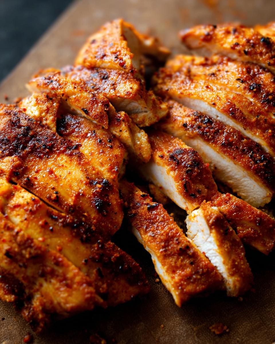 Close-up of sliced, seasoned air fryer chicken breast with a crispy, spiced crust.
