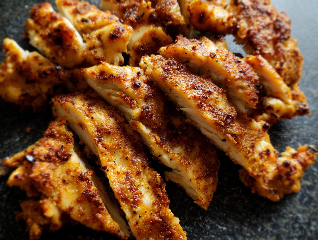 Close-up of perfectly cooked air fryer chicken recipes, sliced and seasoned with spices.