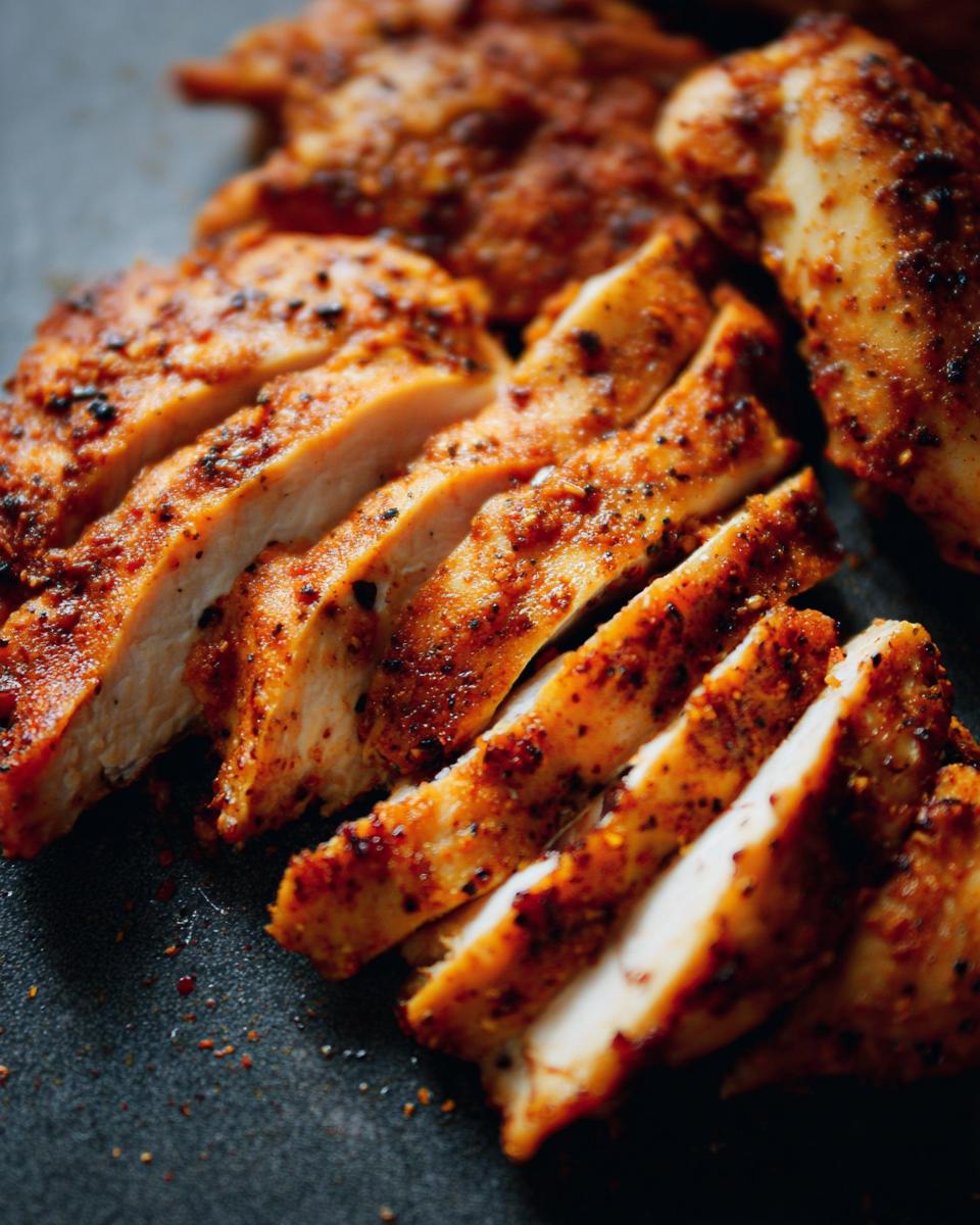 Close-up of perfectly cooked, sliced air fryer chicken breast with a flavorful spice rub.