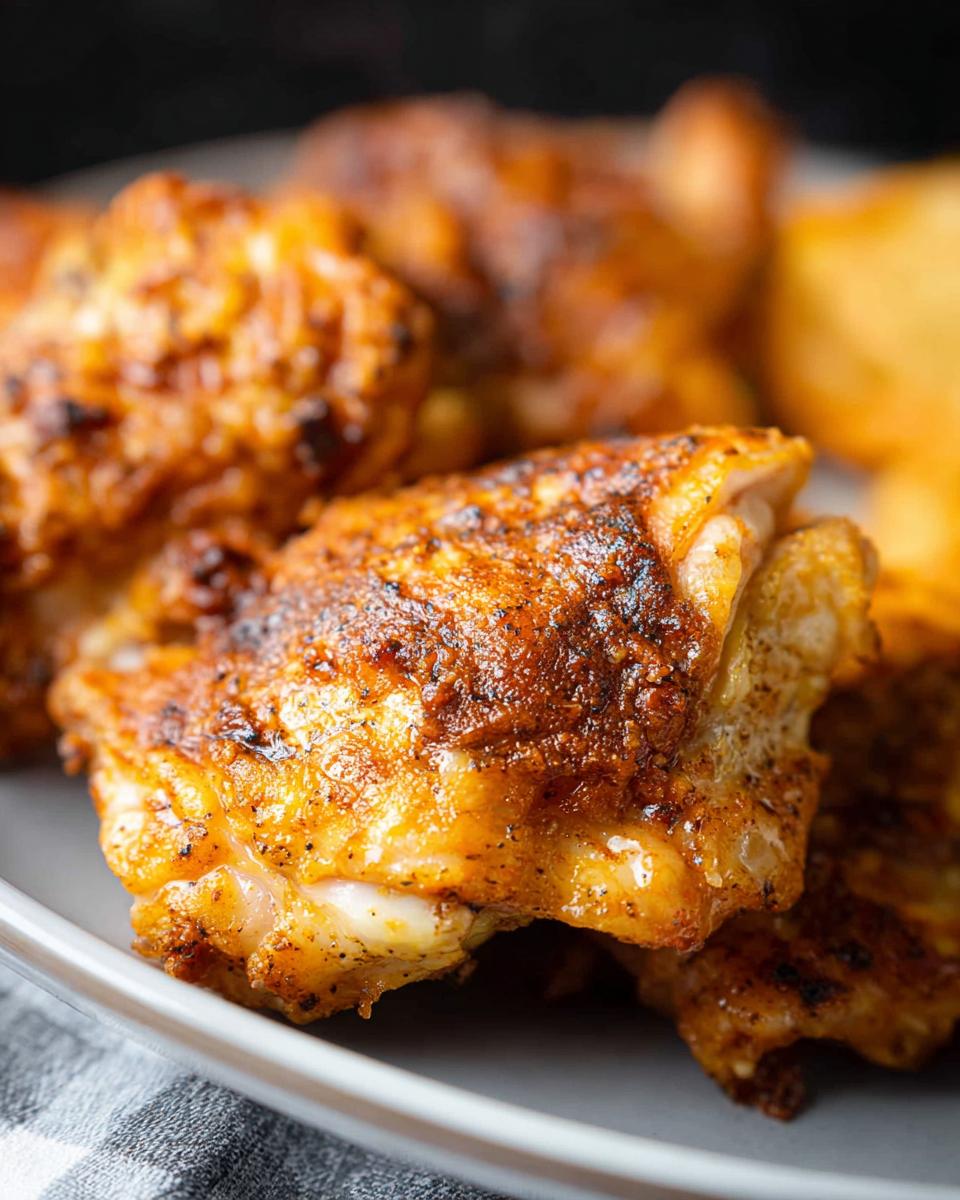 Close-up of golden-brown, crispy air fryer chicken thighs seasoned with spices.