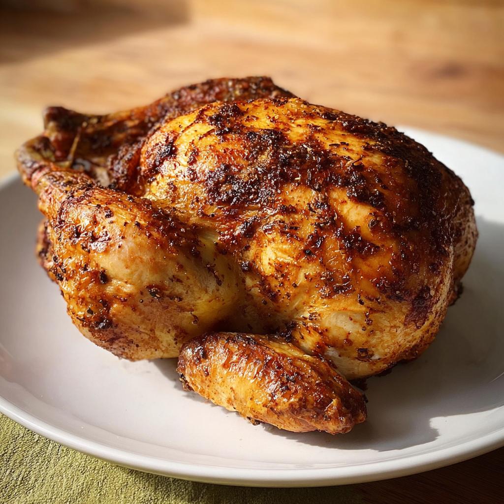 A whole, golden-brown air fryer chicken seasoned with herbs and spices, presented on a white plate.