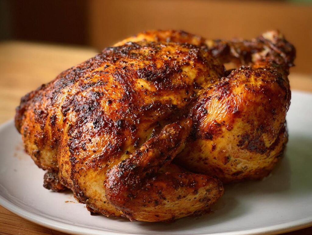 A perfectly roasted whole chicken cooked in an air fryer, with crispy golden-brown skin.