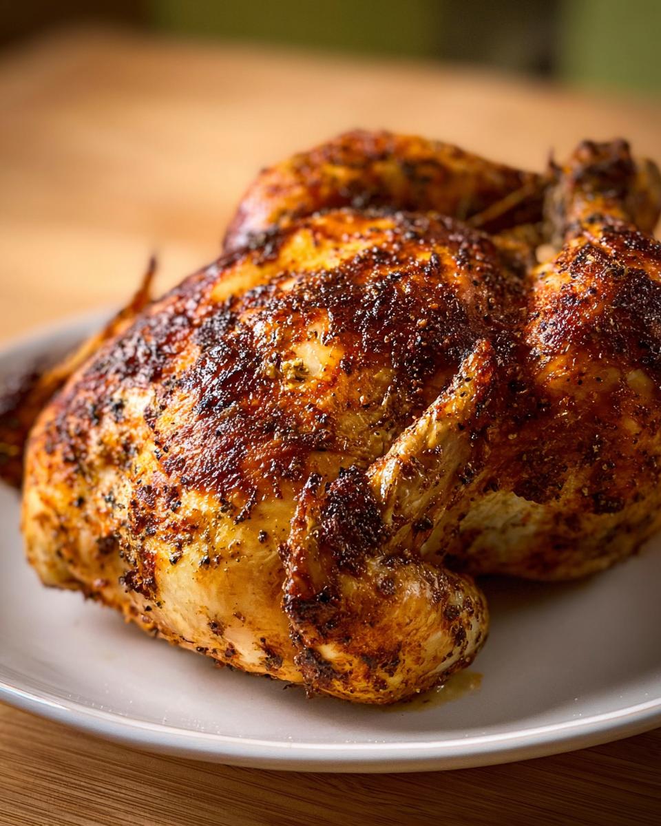 A whole, golden-brown air fryer chicken seasoned with spices, resting on a white plate.