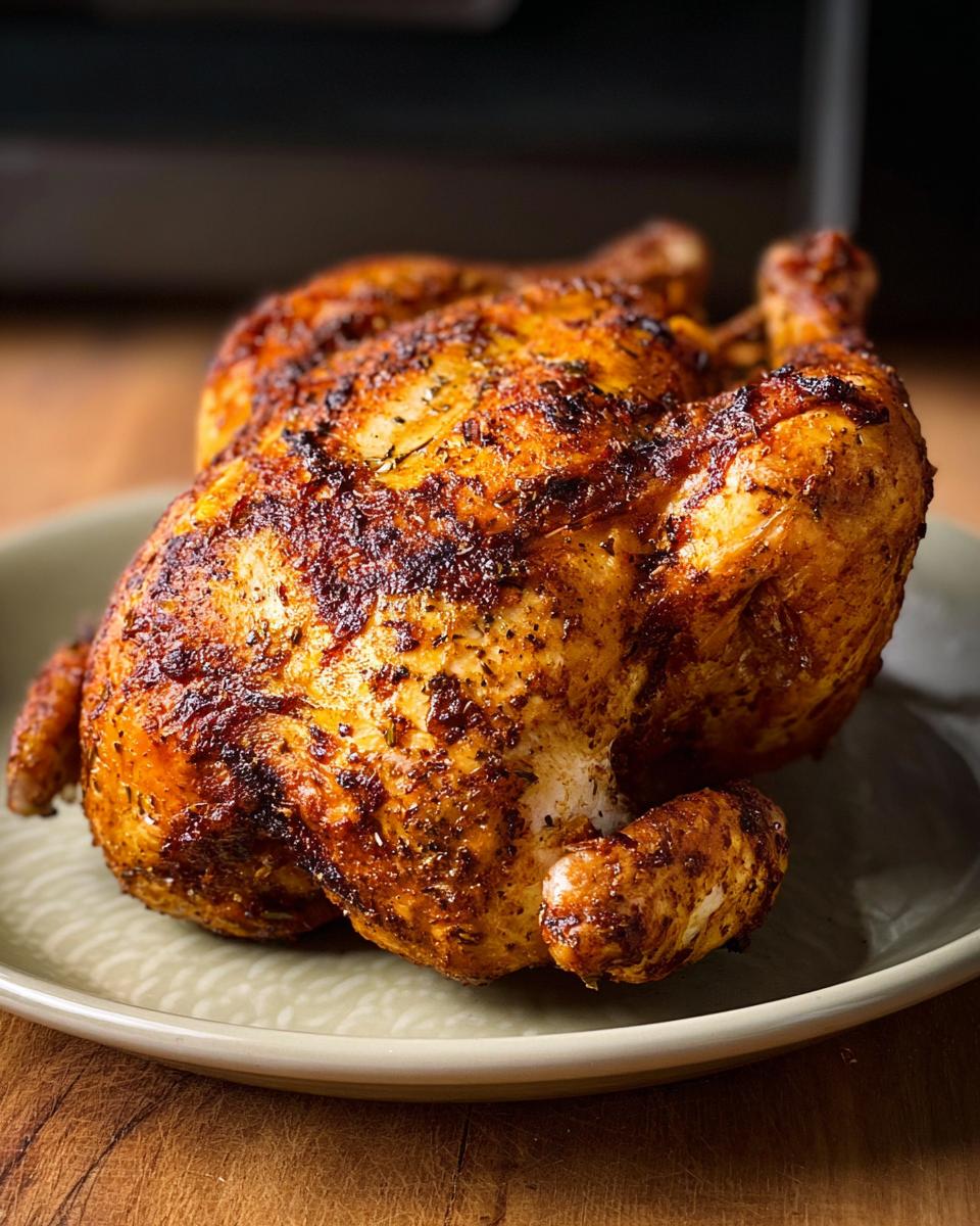 A whole, golden-brown air fryer chicken with crispy skin, seasoned and ready to serve.
