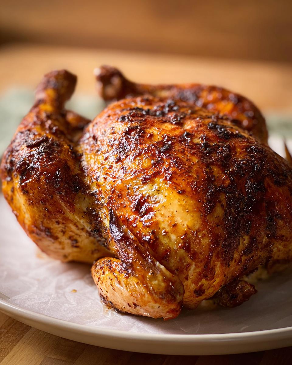 A whole, golden-brown roasted chicken cooked in an air fryer, ready to serve.