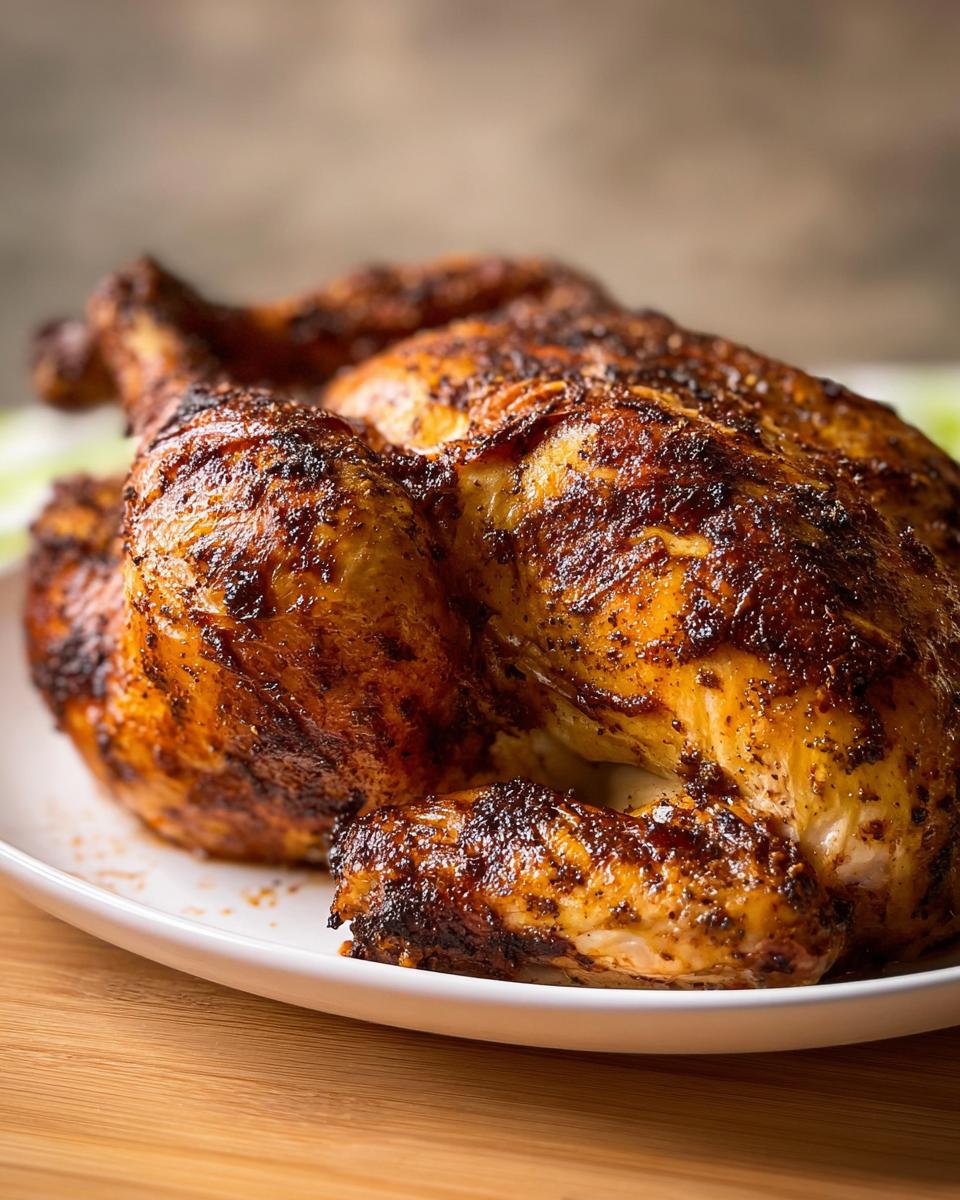 A whole, golden-brown air fryer chicken with crispy skin, seasoned and ready to serve.