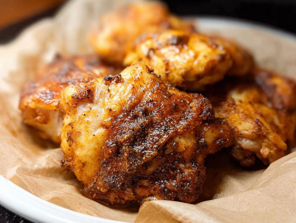Close-up of golden-brown, seasoned air fryer chicken wings on parchment paper.
