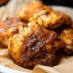 Close-up of golden-brown, seasoned air fryer chicken wings on parchment paper.