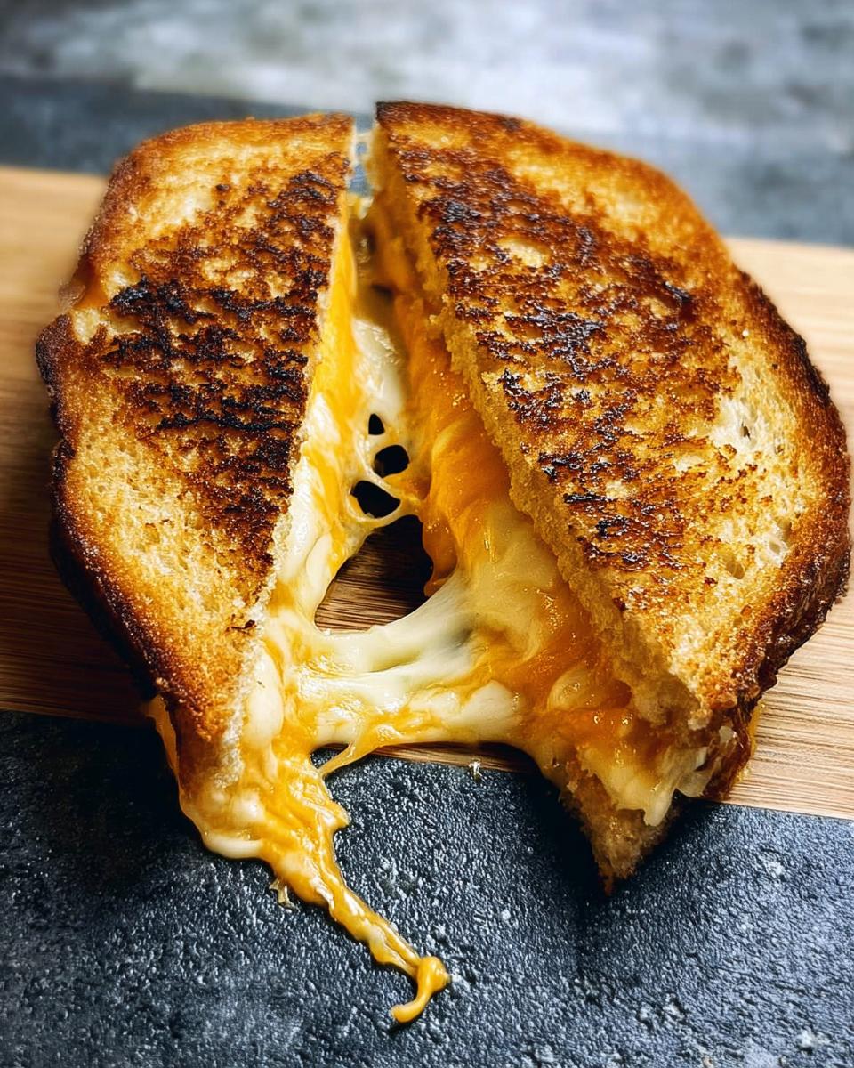 A perfectly grilled cheese sandwich, cut in half, with melted cheese oozing out.