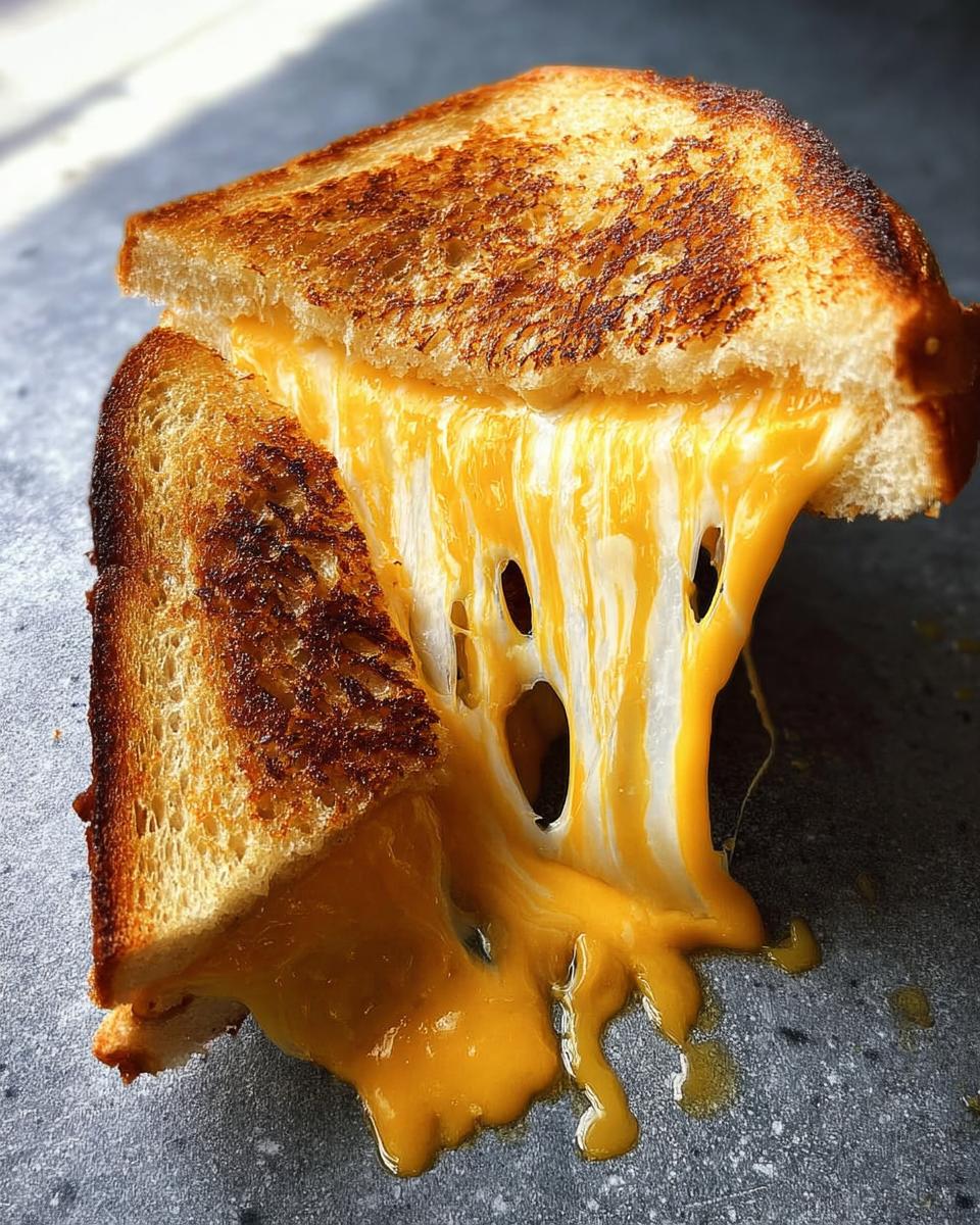 Close-up of a perfectly grilled cheese sandwich with gooey, melted cheese stretching out.