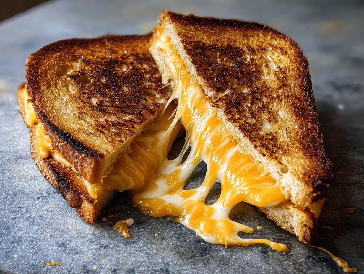 A perfectly grilled cheese sandwich, cut in half, with gooey melted cheese stretching out.