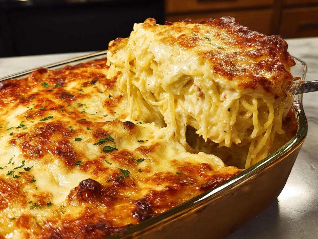 A serving spoon lifts a generous portion of creamy spaghetti casserole from a baking dish, topped with golden-brown cheese.