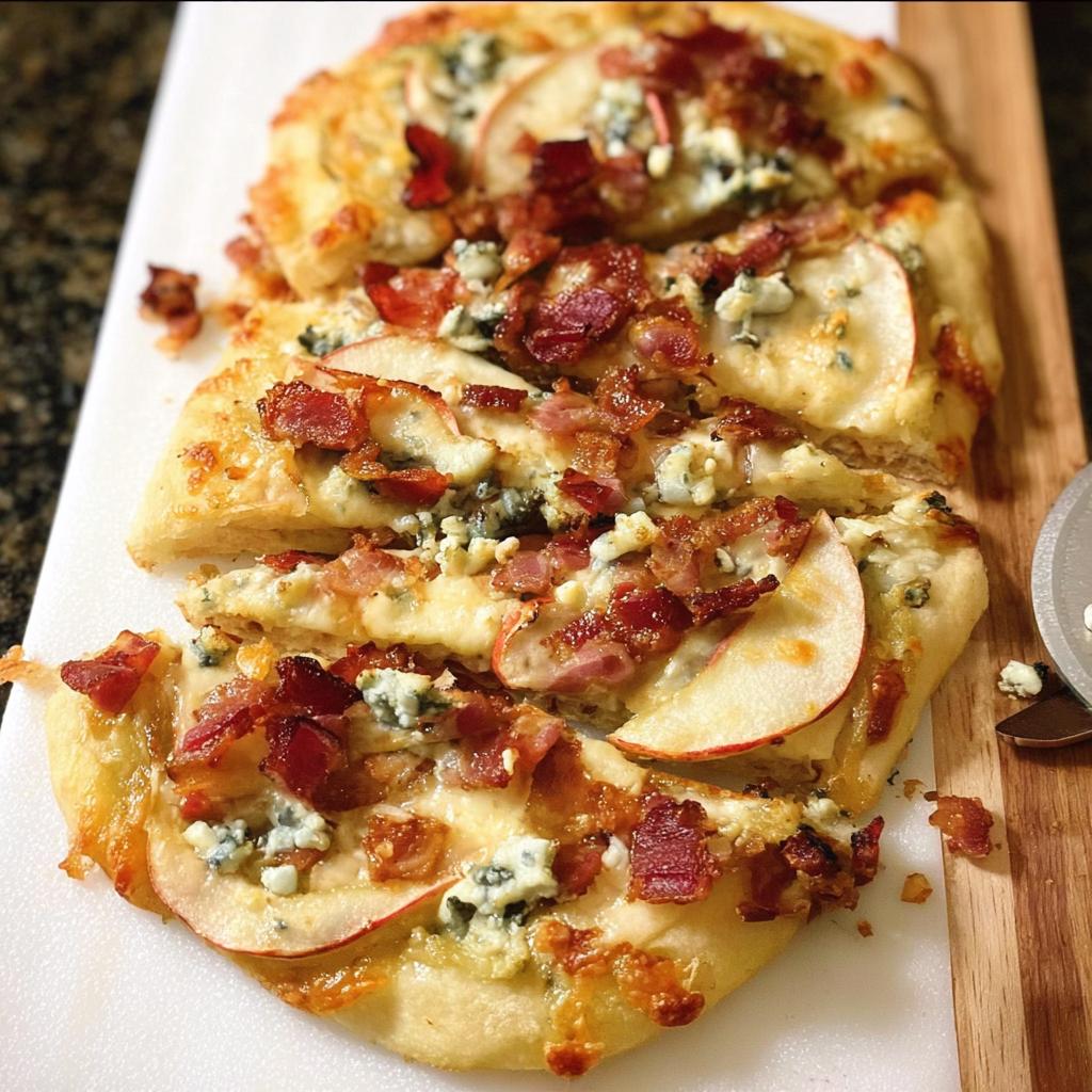 Close-up of a sliced apple, bacon, and blue cheese pizza, perfect for 10-Ingredient Pizza Night Recipes.