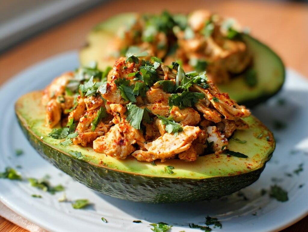 Two halves of an avocado filled with seasoned shredded chicken and fresh cilantro, part of quick sandwich ideas.