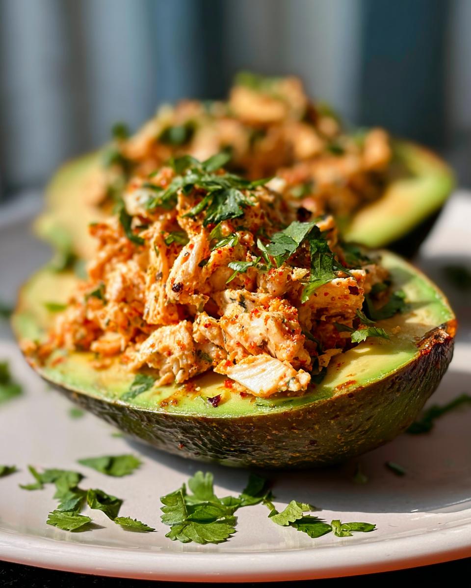 Two halves of an avocado filled with seasoned chicken salad and garnished with fresh cilantro. A quick and easy sandwich idea.