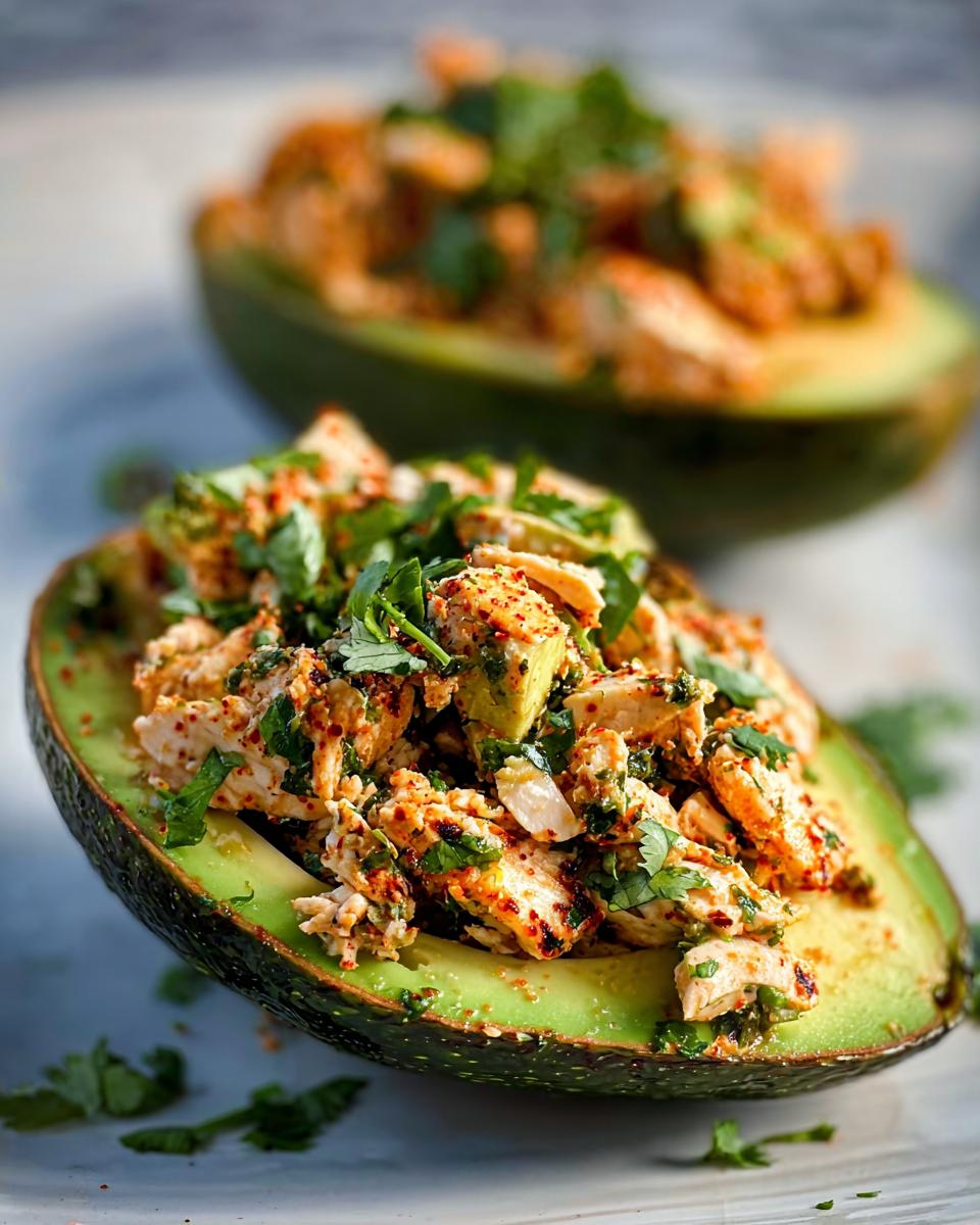 Two halves of avocado stuffed with a flavorful chicken salad mixture, garnished with cilantro. A quick sandwich idea.