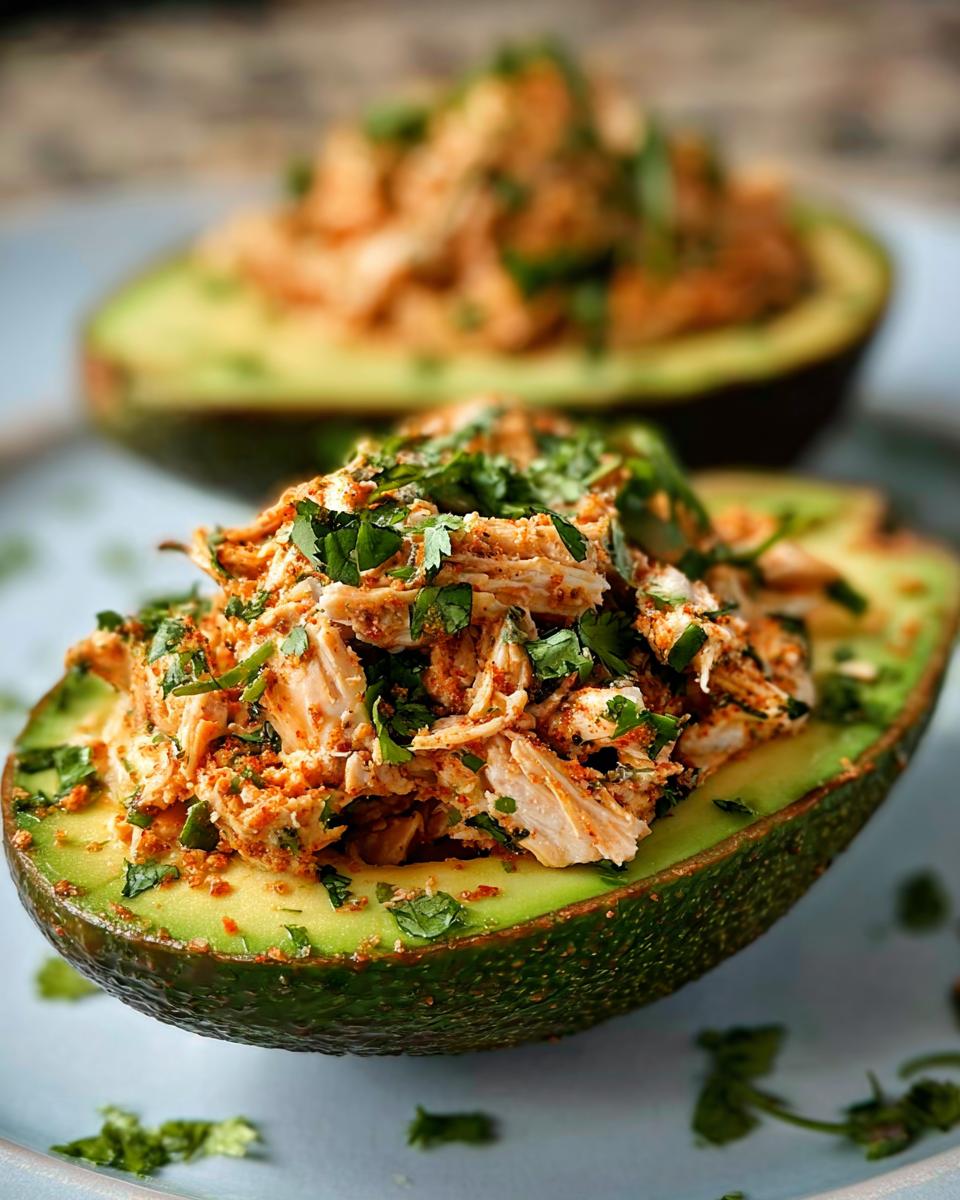 Two halves of an avocado stuffed with shredded chicken salad, seasoned and topped with fresh cilantro. A quick and easy sandwich idea.