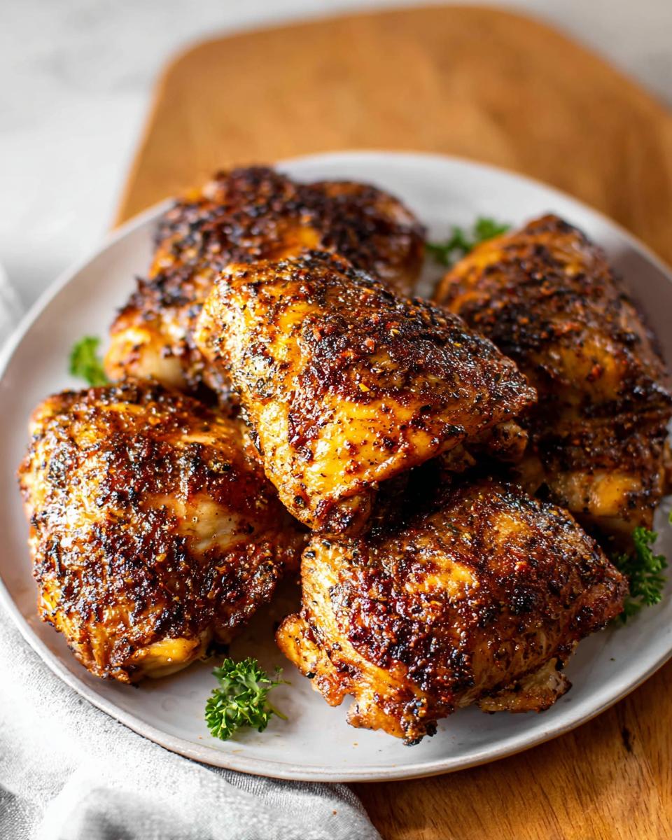 A plate of perfectly baked chicken thigh recipes, seasoned and garnished with parsley.