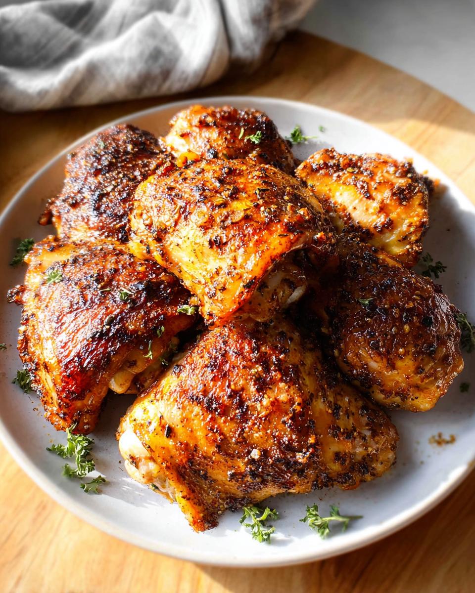 A plate piled high with perfectly baked chicken thighs, seasoned and garnished with fresh herbs.