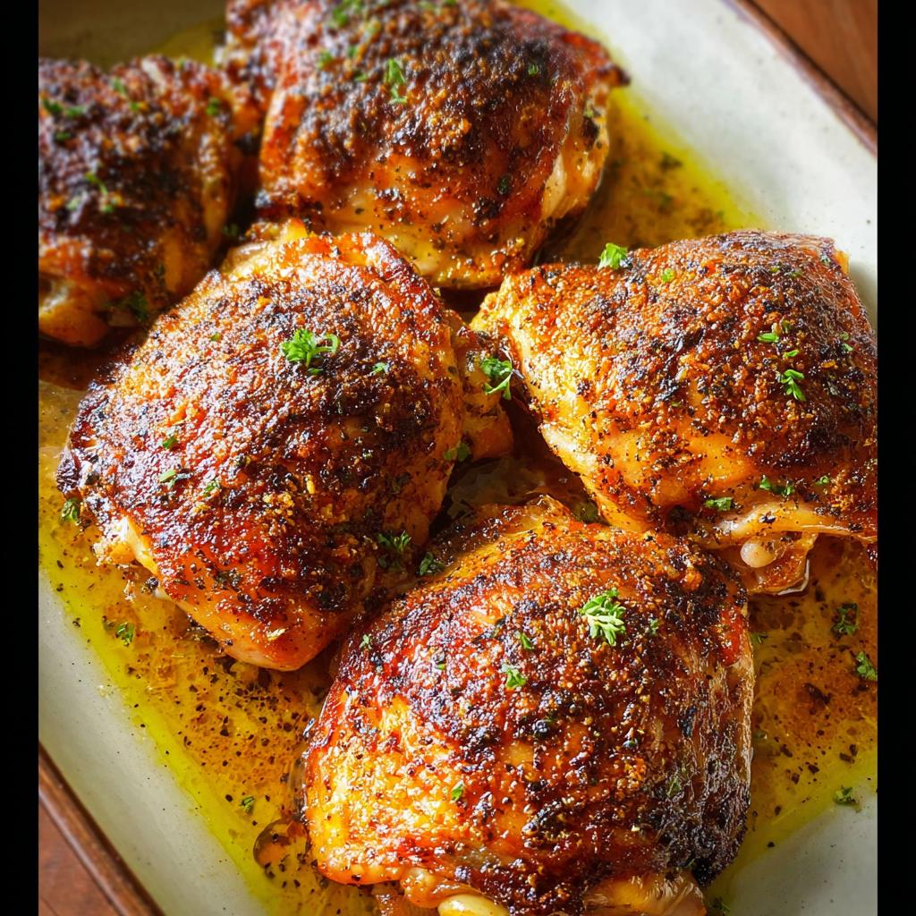 Close-up of perfectly baked chicken thigh recipes with crispy skin and herbs in a savory sauce.
