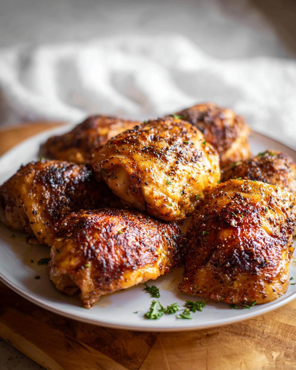 A plate piled high with perfectly baked chicken thighs, seasoned and garnished with parsley.