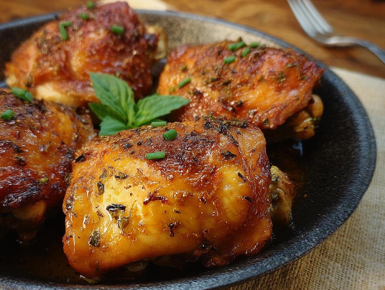 Close-up of four juicy, baked chicken thighs with a glossy glaze and herbs, a perfect chicken thigh recipe.