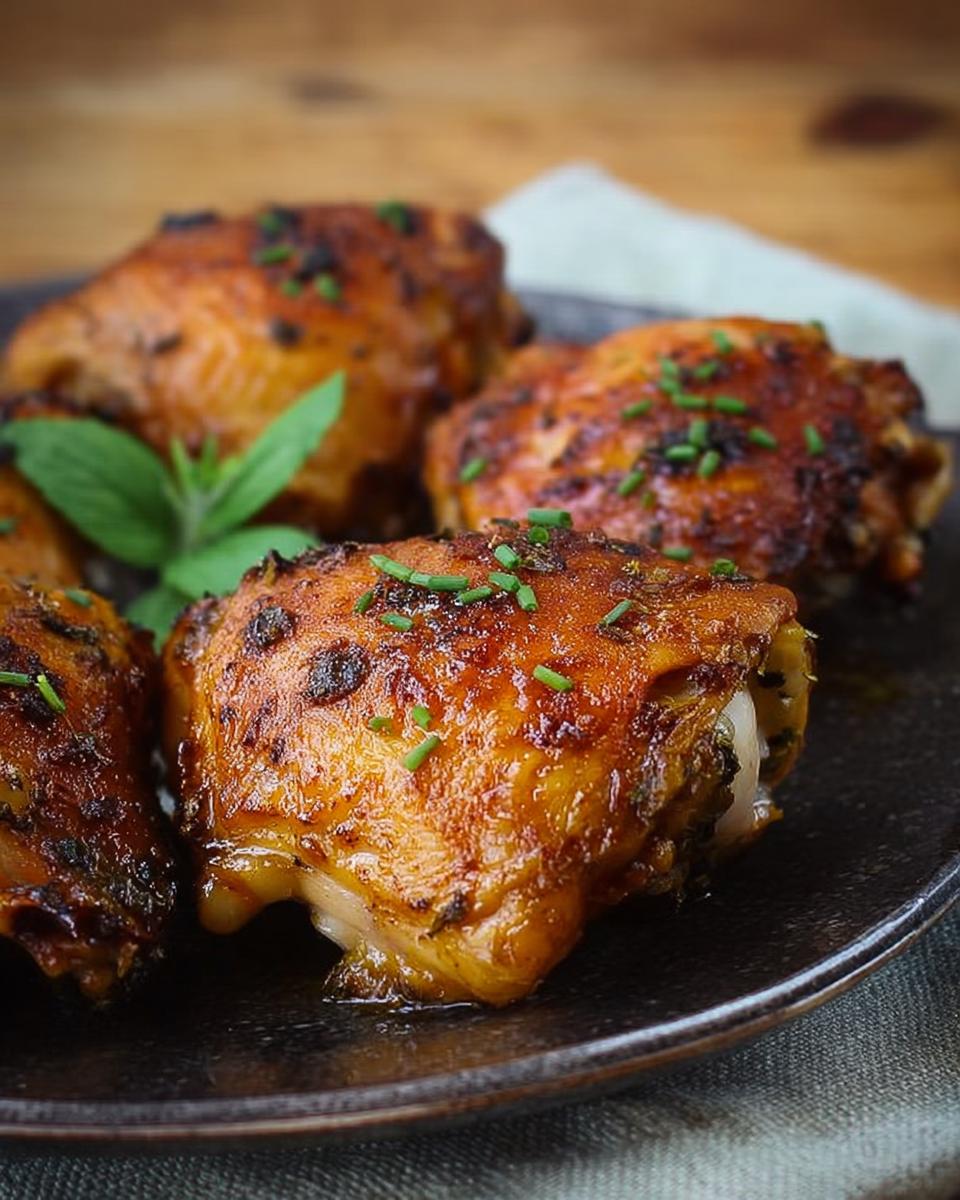 Close-up of perfectly baked chicken thighs, glistening with a savory glaze and sprinkled with fresh chives. A top chicken thigh recipe.