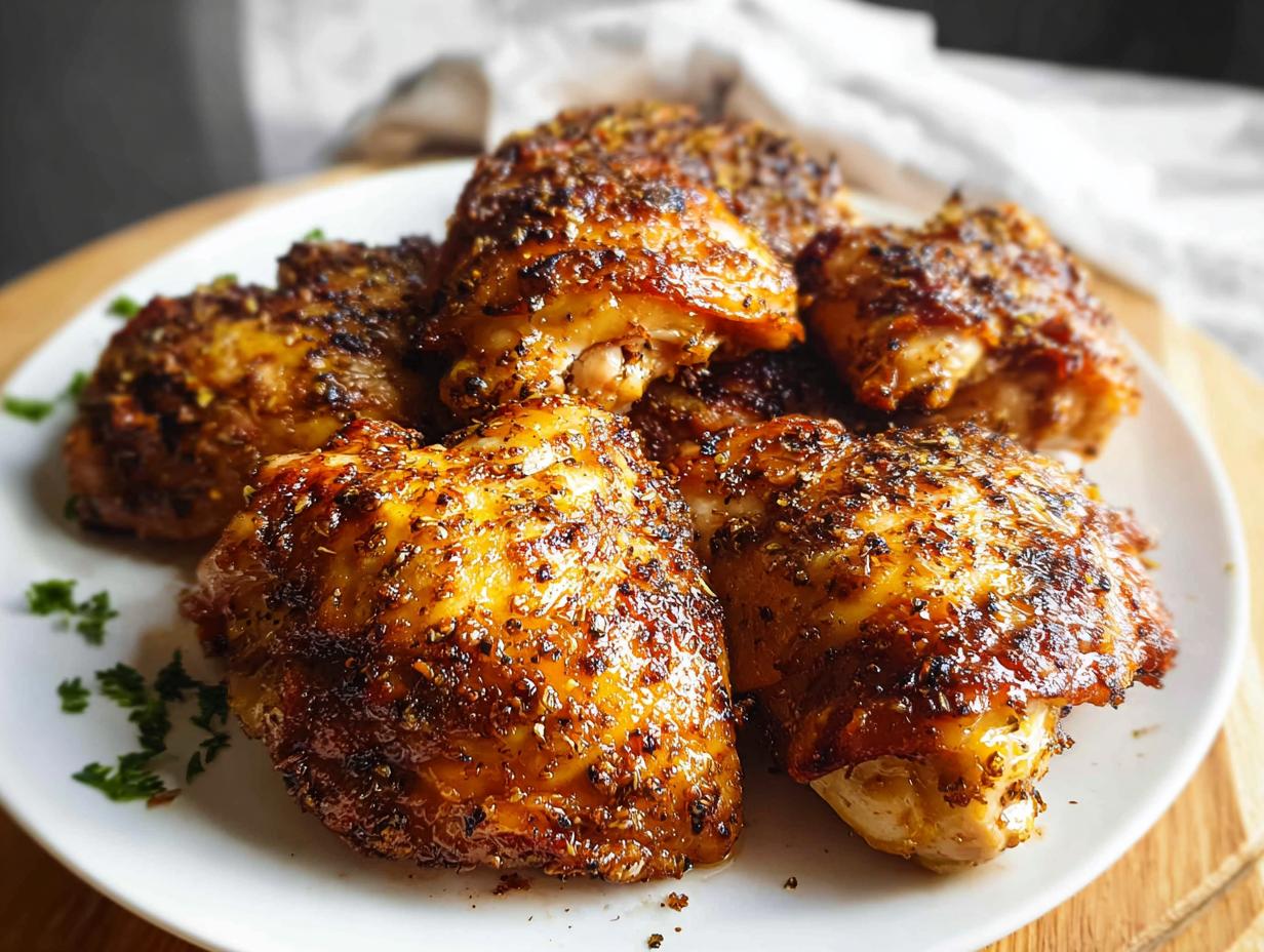 A plate of perfectly baked chicken thighs, seasoned with herbs and spices, ready for serving.