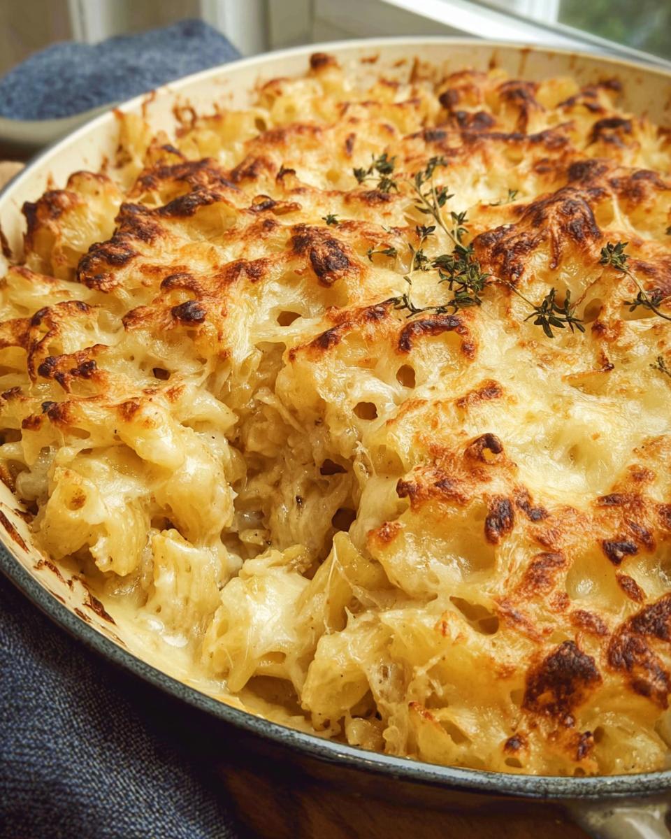 Close-up of a baked macaroni and cheese casserole with a golden-brown cheesy crust and fresh thyme.