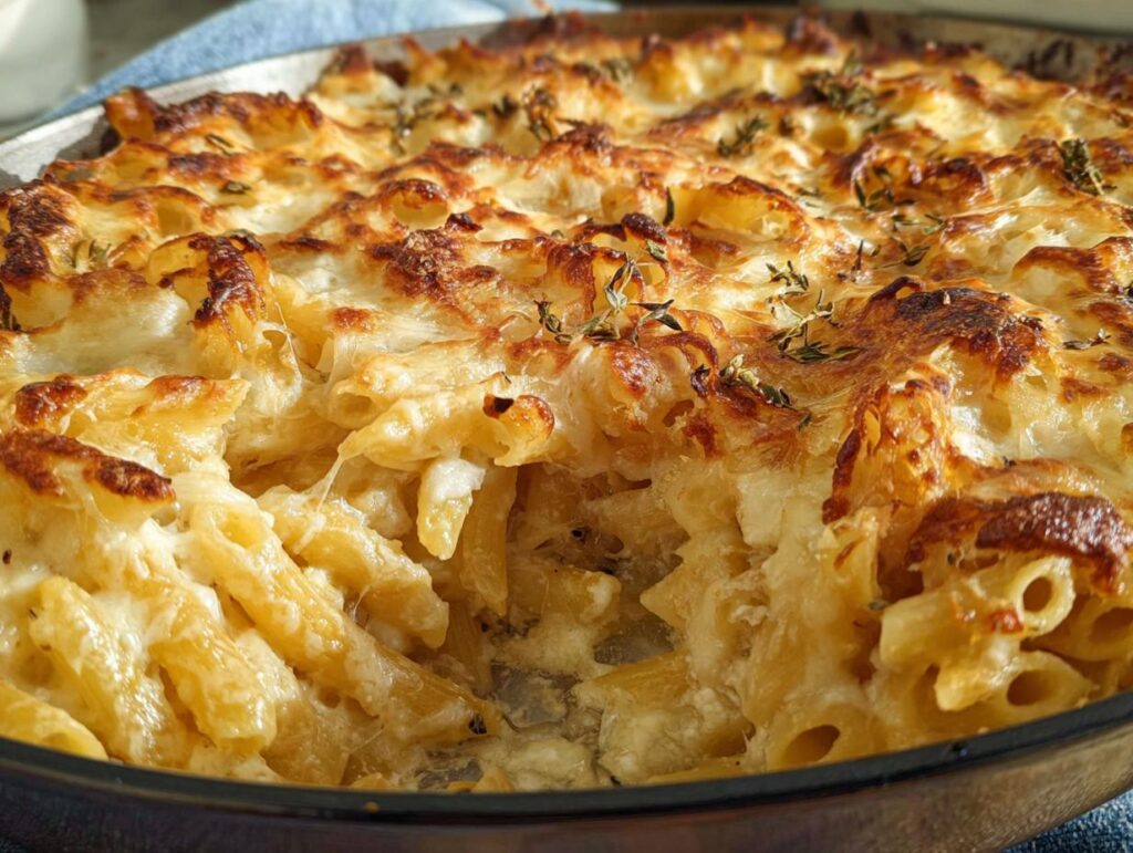 Close-up of a baked pasta dish with golden-brown cheese topping and fresh herbs, a perfect pasta recipe.