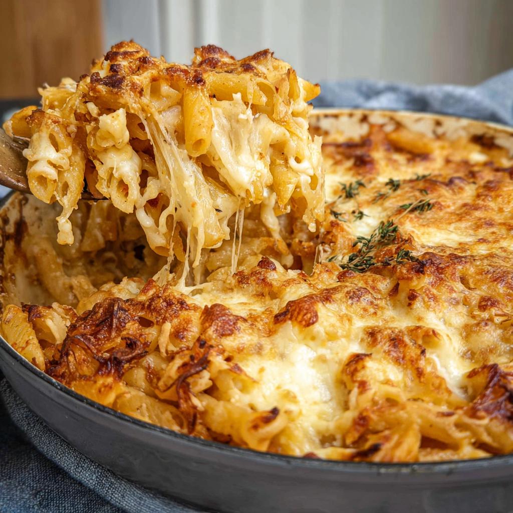 A close-up of a serving spoon lifting a portion of baked penne pasta casserole, with melted cheese stretching.